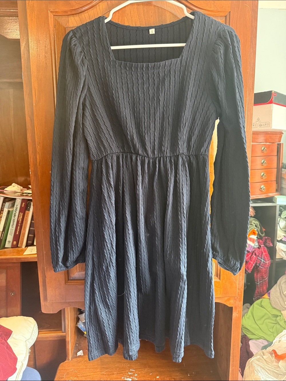 Women's Navy Long-Sleeve Textured Square-Neck Dress
